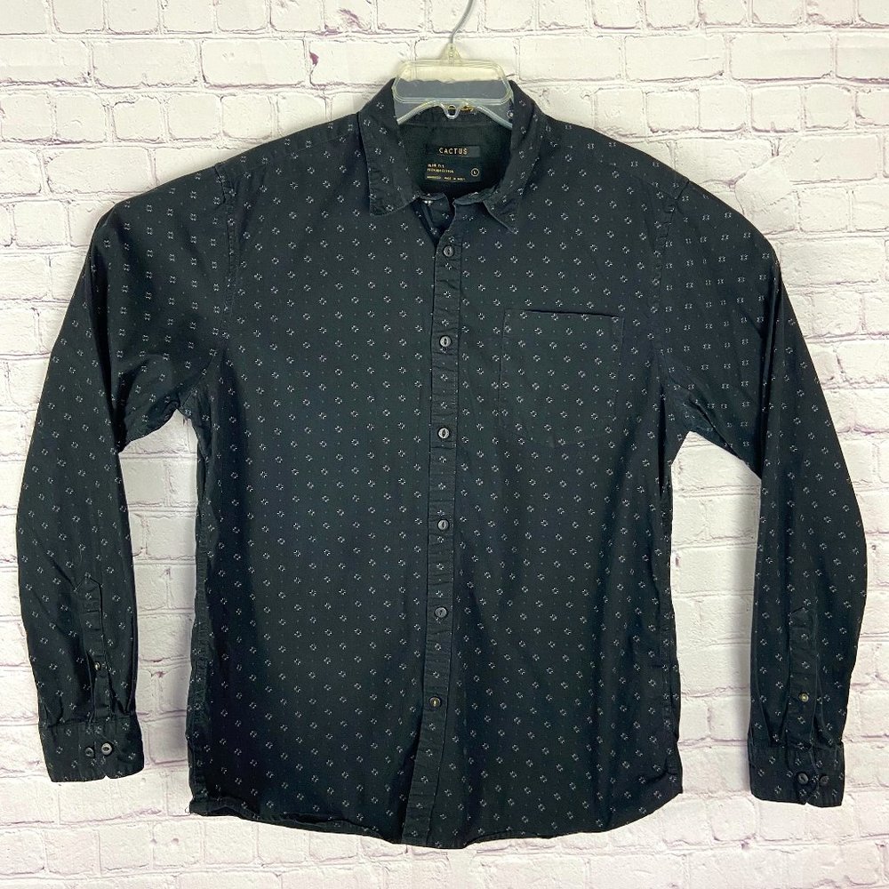 Cactus Men's Geometric Print White w/ Black Button Down Long Sleeve Shirt. Sz: L